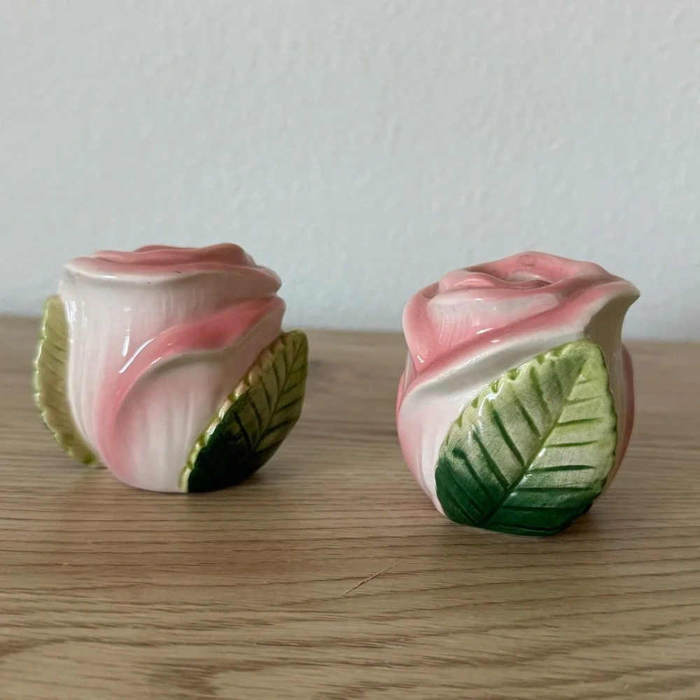 Fitz & Floyd OCI Omnibus Pink Rose‎ Shaped Taper Candle Holders Set of 2 Vintage